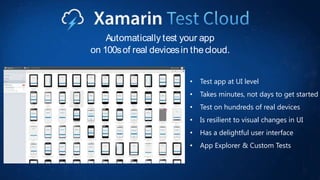 Automatically test your app
on 100s of real devices in the cloud.
•

Test app at UI level

•

Takes minutes, not days to get started

•

Test on hundreds of real devices

•

Is resilient to visual changes in UI

•

Has a delightful user interface

•

App Explorer & Custom Tests

 