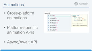 Animations!
•  Cross-platform
animations!
•  Platform-speciﬁc
animation APIs!
•  Async/Await API!
 