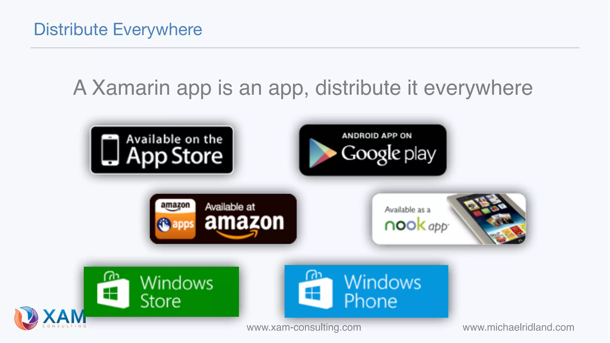 www.xam-consulting.com www.michaelridland.com
Distribute Everywhere
A Xamarin app is an app, distribute it everywhere
 