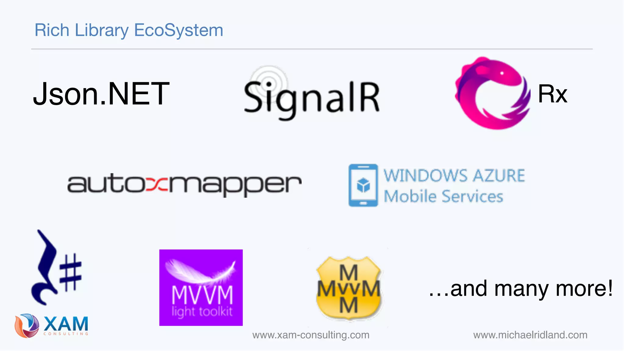 www.xam-consulting.com www.michaelridland.com
Rich Library EcoSystem
Json.NET Rx
…and many more!
 