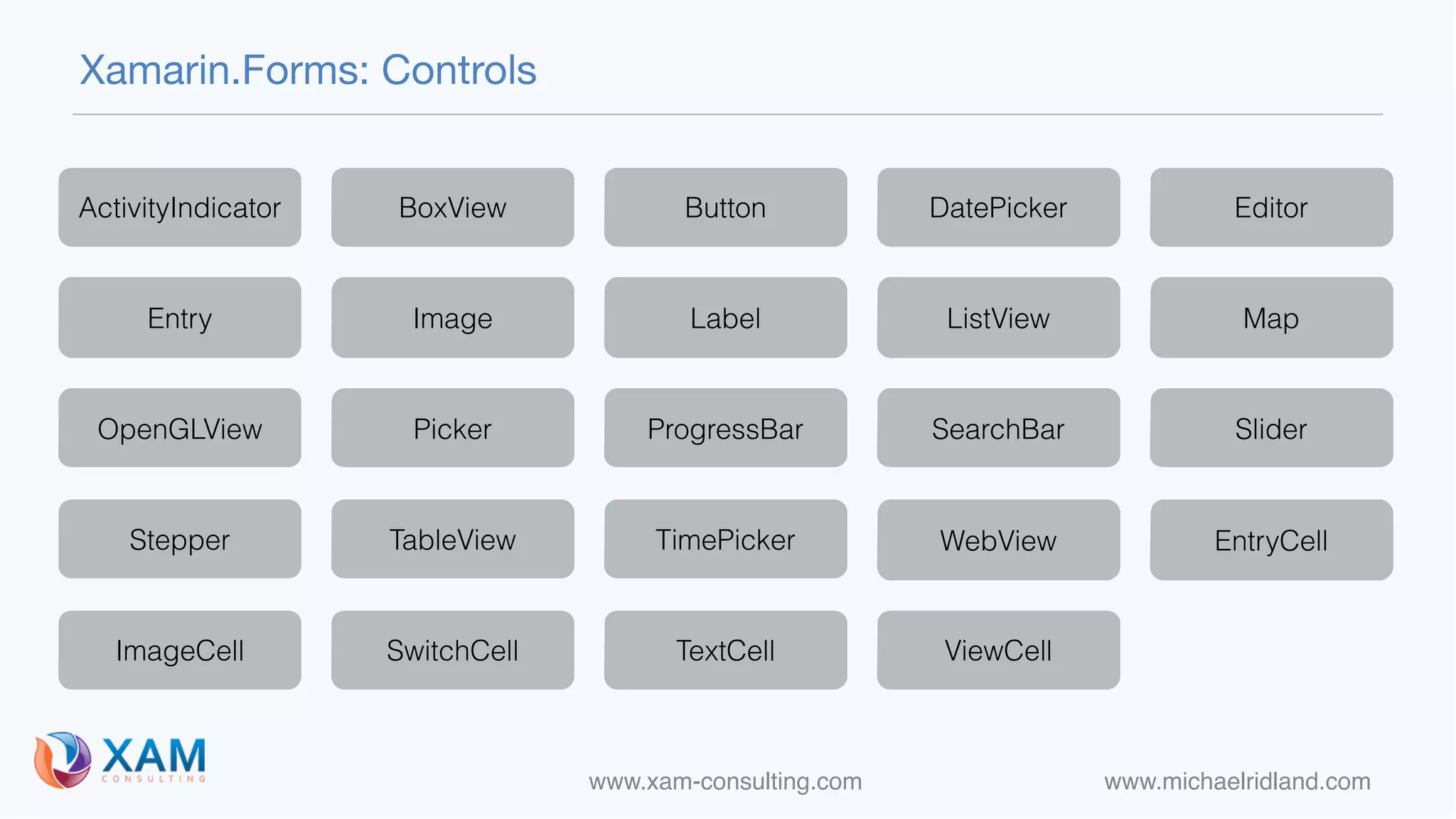 www.xam-consulting.com www.michaelridland.com
Xamarin.Forms: Controls
ActivityIndicator BoxView Button DatePicker Editor
Entry Image Label ListView Map
OpenGLView Picker ProgressBar SearchBar Slider
Stepper TableView TimePicker WebView EntryCell
ImageCell SwitchCell TextCell ViewCell
 