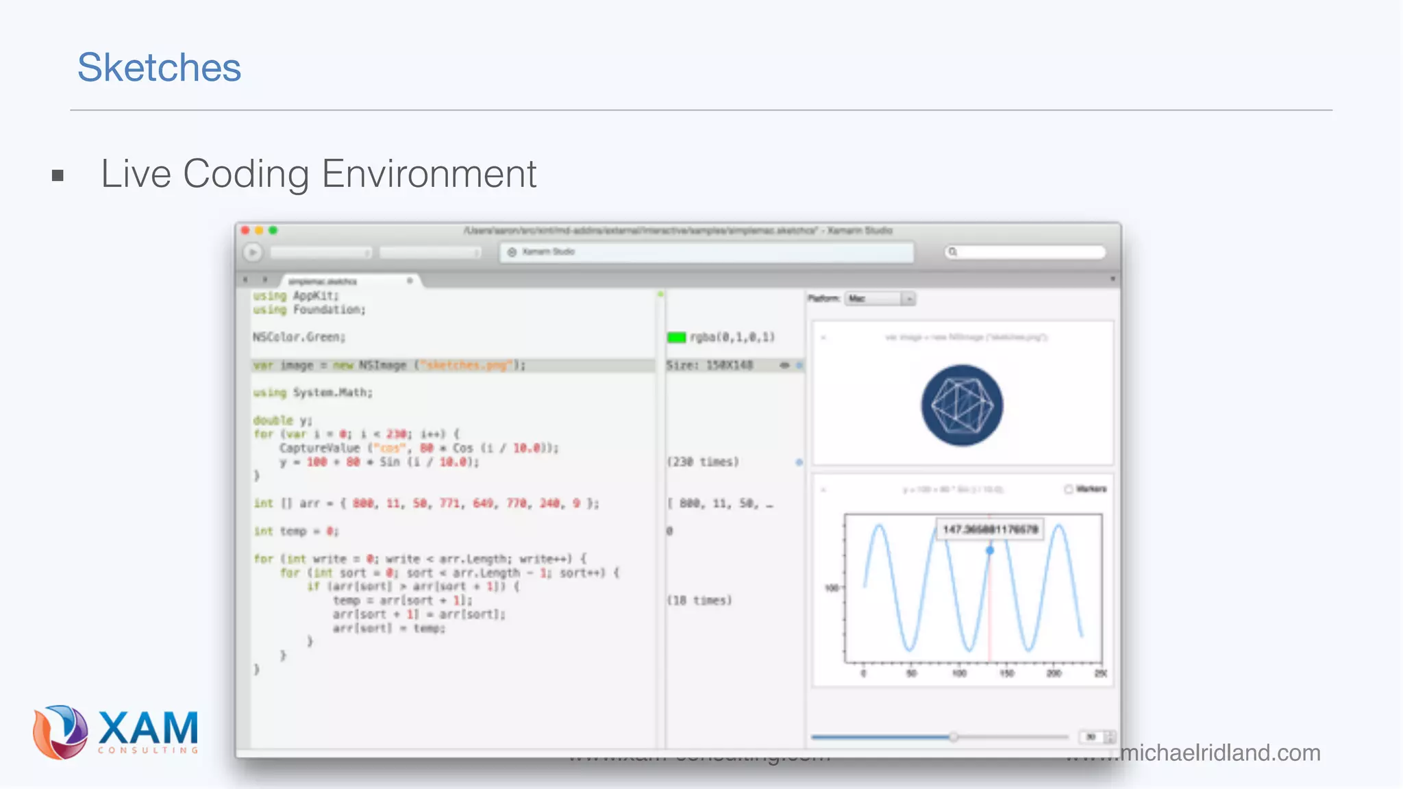 www.xam-consulting.com www.michaelridland.com
Sketches
▪ Live Coding Environment
 