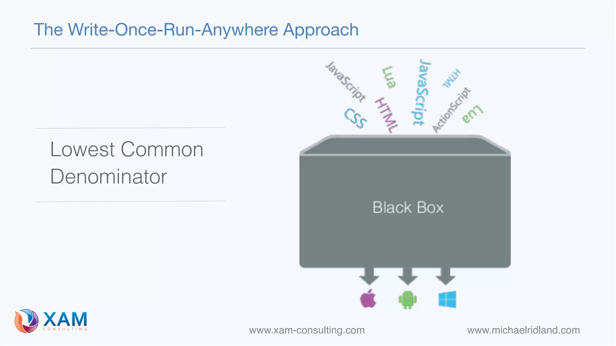 www.xam-consulting.com www.michaelridland.com
The Write-Once-Run-Anywhere Approach
Lowest Common
Denominator
 