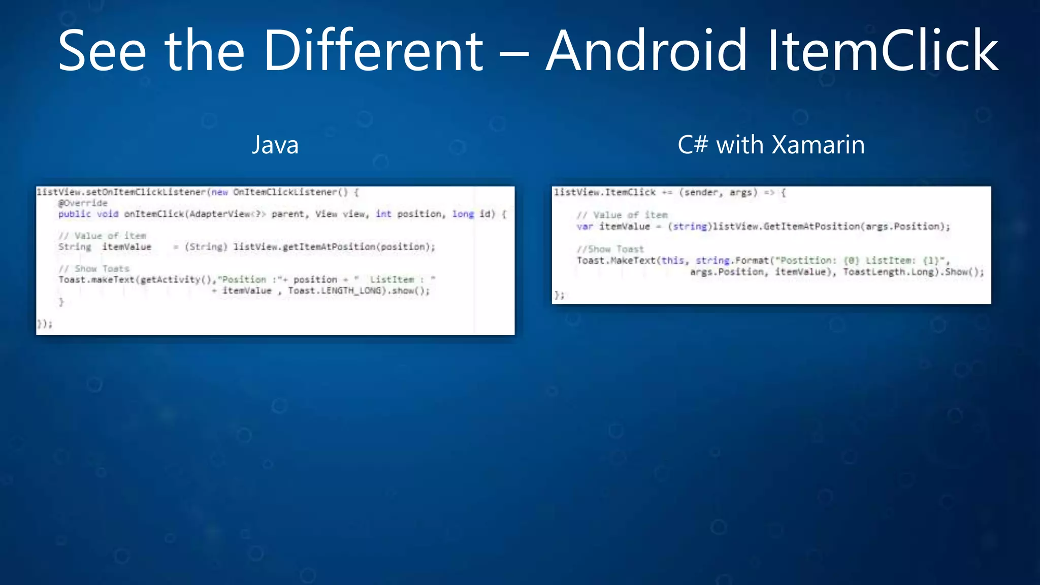 See the Different – Android ItemClick
C# with XamarinJava
 