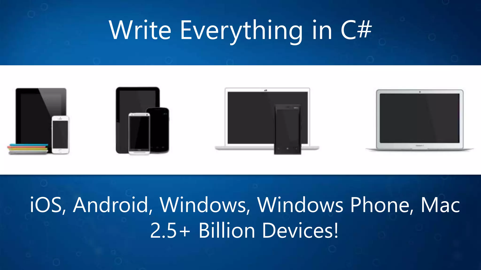 Write Everything in C#
iOS, Android, Windows, Windows Phone, Mac
2.5+ Billion Devices!
 