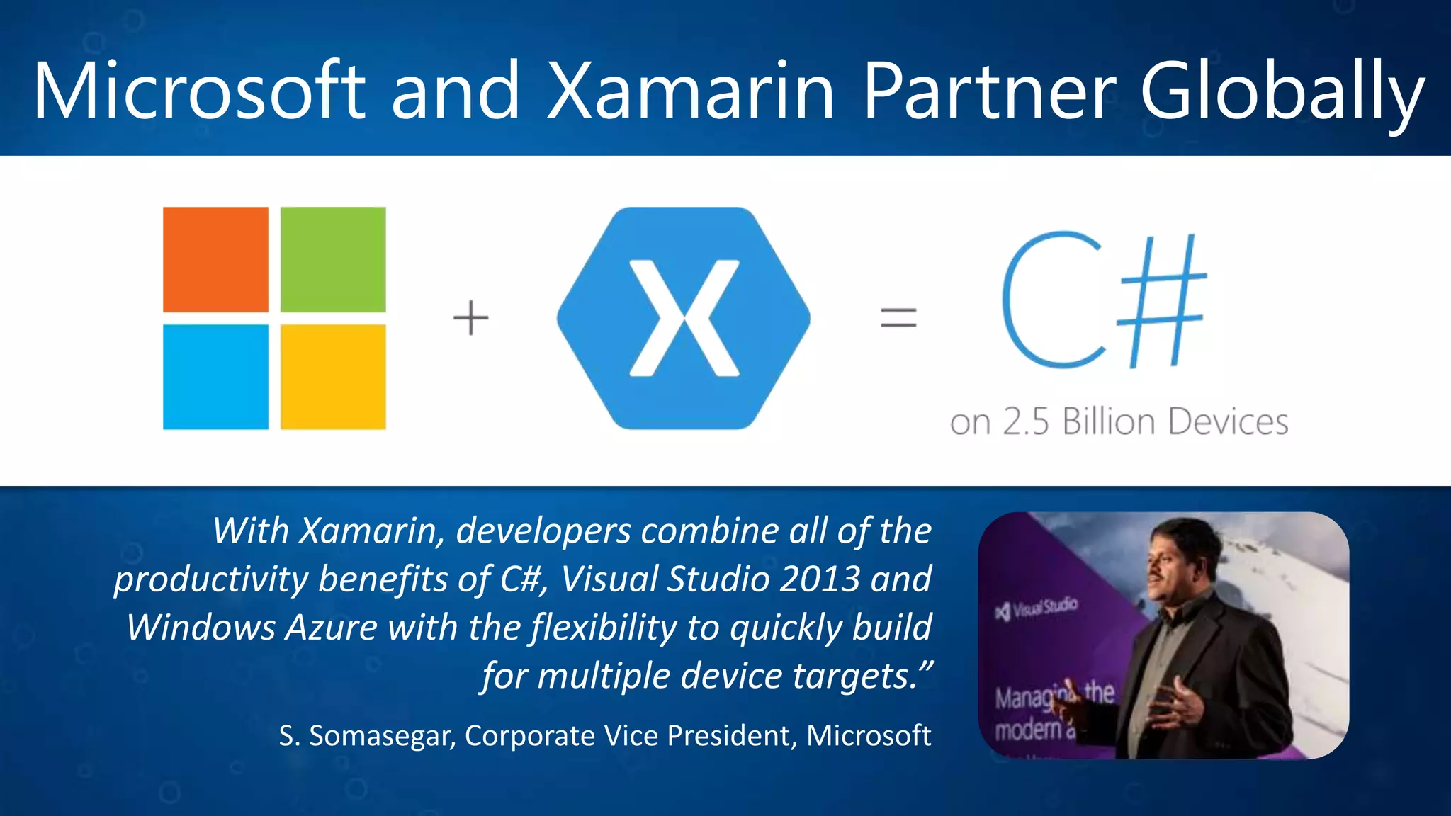 Microsoft and Xamarin Partner Globally
With Xamarin, developers combine all of the
productivity benefits of C#, Visual Studio 2013 and
Windows Azure with the flexibility to quickly build
for multiple device targets.”
S. Somasegar, Corporate Vice President, Microsoft
 