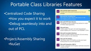 Portable Class Libraries Features
•Centralized Code Sharing
•How you expect it to work
•Debug seamlessly into and
out of PCL
•Project/Assembly Sharing
•NuGet
 