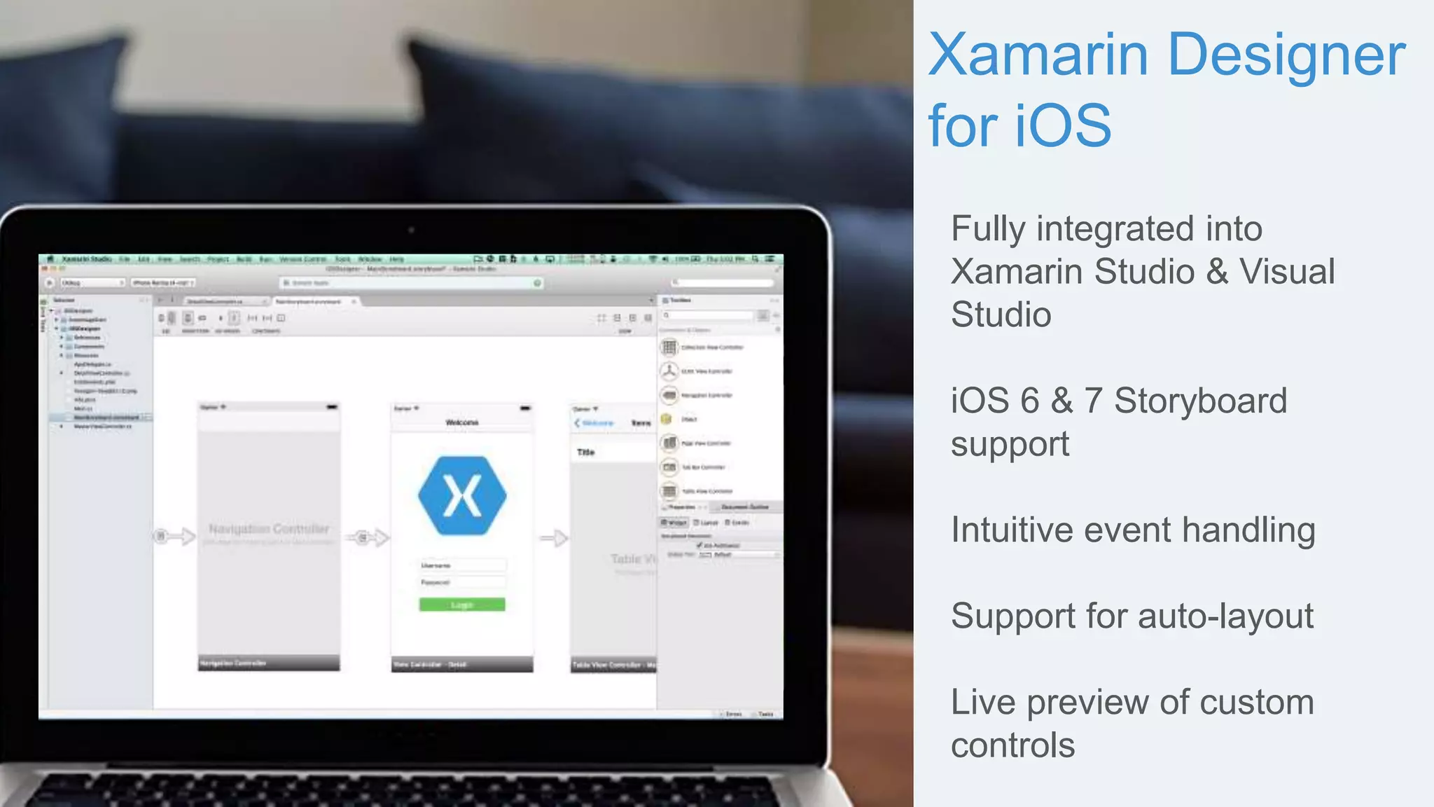 Xamarin Designer
for iOS
Fully integrated into
Xamarin Studio & Visual
Studio
iOS 6 & 7 Storyboard
support
Intuitive event handling
Support for auto-layout
Live preview of custom
controls
 