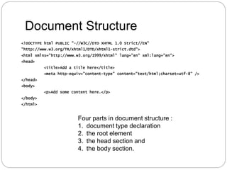Document Structure
<!DOCTYPE html PUBLIC "-//W3C//DTD XHTML 1.0 Strict//EN"
"http://www.w3.org/TR/xhtml1/DTD/xhtml1-strict.dtd">
<html xmlns="http://www.w3.org/1999/xhtml" lang="en" xml:lang="en">
<head>
<title>Add a title here</title>
<meta http-equiv="content-type" content="text/html;charset=utf-8" />
</head>
<body>
<p>Add some content here.</p>
</body>
</html>
Four parts in document structure :
1. document type declaration
2. the root element
3. the head section and
4. the body section.
 