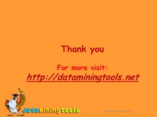 Overview of the features of XLMinerPartition DataData Utilities – (Sampling)ClassificationAffinity  –  (Association Rules)PredictionTime Series AnalysisData Reduction and exploration.Charting.http://dataminingtools.net