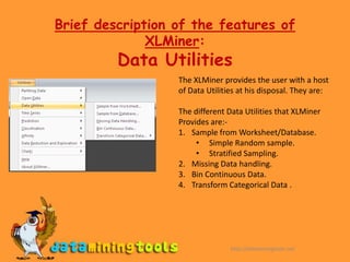 Introduction to Data MiningDefinition:Data mining (or Knowledge Discovery) refers to the process of analyzing a give data set from different precepts and scenarios in order to discover patterns in the given data set	Data mining is becoming an increasingly important tool to transform data into information. This information can help reveal the hidden trends about products, customer, market, employees and other factors critical for the success of a company.	Data mining It is commonly used in a wide range of profiling practices, such as marketing, surveillance, fraud detection and scientific discovery, machine learning, Biotechnology etc.http://dataminingtools.net