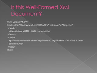 <?xml version="1.0"?>
<html xmlns="http://www.w3.org/1999/xhtml" xml:lang="en" lang="en">
 <head>
  <title>Minimal XHTML 1.0 Document</title>
 </head>
 <body>
  <p>This is a minimal <a href="http://www.w3.org/TR/xhtml1/">XHTML 1.0</a>
  document.</p>
 </body>
</html>
 