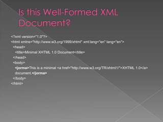 <?xml version="1.0"?>
<html xmlns="http://www.w3.org/1999/xhtml" xml:lang="en" lang="en">
 <head>
  <title>Minimal XHTML 1.0 Document</title>
 </head>
 <body>
  <jorma>This is a minimal <a href="http://www.w3.org/TR/xhtml1/">XHTML 1.0</a>
  document.</jorma>
 </body>
</html>
 