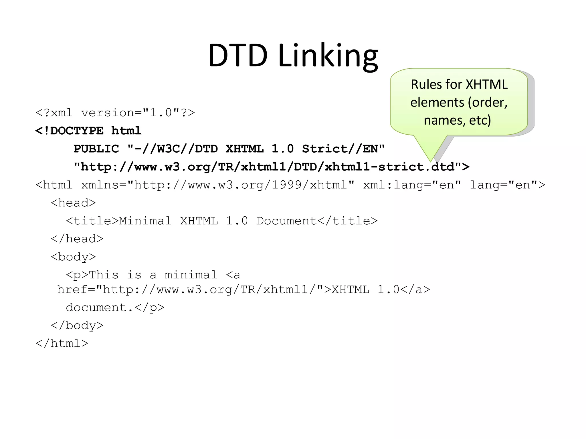 DTD Linking <?xml version=&quot;1.0&quot;?> <!DOCTYPE html PUBLIC &quot;-//W3C//DTD XHTML 1.0 Strict//EN&quot; &quot;http://www.w3.org/TR/xhtml1/DTD/xhtml1-strict.dtd&quot;> <html xmlns=&quot;http://www.w3.org/1999/xhtml&quot; xml:lang=&quot;en&quot; lang=&quot;en&quot;> <head> <title>Minimal XHTML 1.0 Document</title> </head> <body> <p>This is a minimal <a href=&quot;http://www.w3.org/TR/xhtml1/&quot;>XHTML 1.0</a> document.</p> </body> </html> Rules for XHTML elements (order, names, etc) 