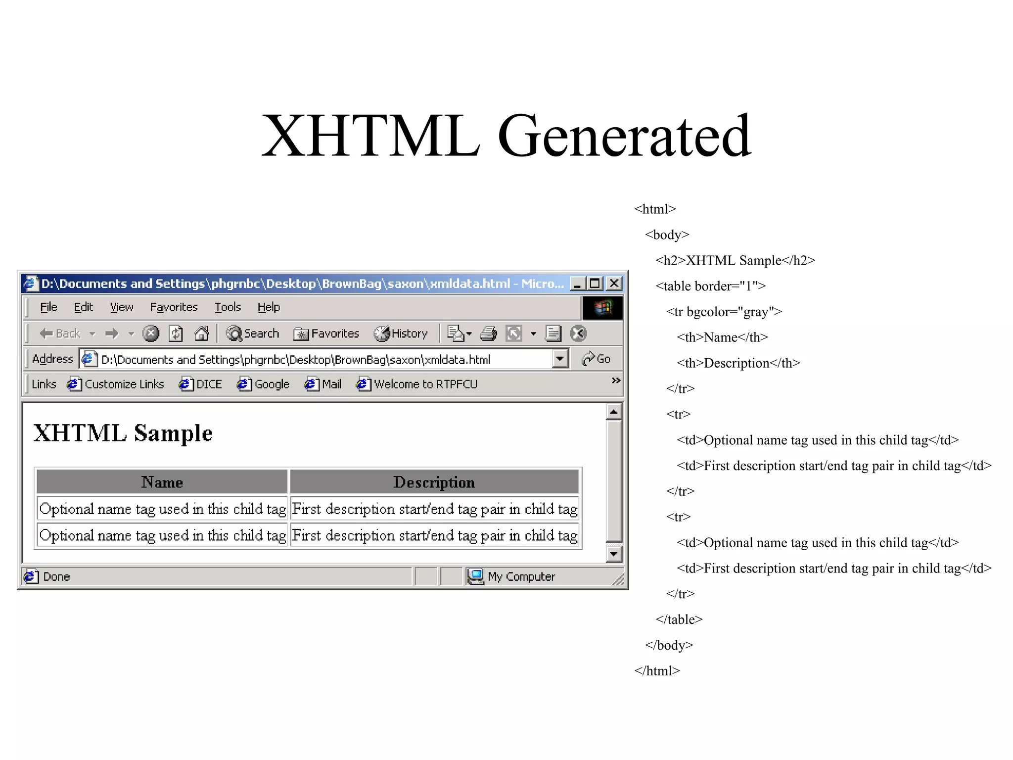 XHTML Generated <html> <body> <h2>XHTML Sample</h2> <table border=&quot;1&quot;> <tr bgcolor=&quot;gray&quot;> <th>Name</th> <th>Description</th> </tr> <tr> <td>Optional name tag used in this child tag</td> <td>First description start/end tag pair in child tag</td> </tr> <tr> <td>Optional name tag used in this child tag</td> <td>First description start/end tag pair in child tag</td> </tr> </table> </body> </html> 