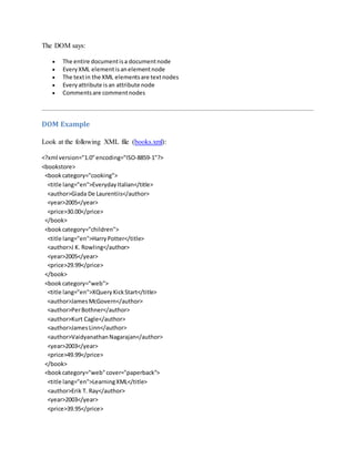 The DOM says:
 The entire documentisa documentnode
 EveryXML elementisanelementnode
 The textin the XML elementsare textnodes
 Every attribute isan attribute node
 Commentsare commentnodes
DOM Example
Look at the following XML file (books.xml):
<?xml version="1.0"encoding="ISO-8859-1"?>
<bookstore>
<book category="cooking">
<title lang="en">EverydayItalian</title>
<author>Giada De Laurentiis</author>
<year>2005</year>
<price>30.00</price>
</book>
<bookcategory="children">
<title lang="en">HarryPotter</title>
<author>J K. Rowling</author>
<year>2005</year>
<price>29.99</price>
</book>
<bookcategory="web">
<title lang="en">XQueryKickStart</title>
<author>JamesMcGovern</author>
<author>PerBothner</author>
<author>Kurt Cagle</author>
<author>JamesLinn</author>
<author>VaidyanathanNagarajan</author>
<year>2003</year>
<price>49.99</price>
</book>
<bookcategory="web"cover="paperback">
<title lang="en">LearningXML</title>
<author>Erik T. Ray</author>
<year>2003</year>
<price>39.95</price>
 