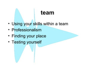 team
• Using your skills within a team
• Professionalism
• Finding your place
• Testing yourself
 