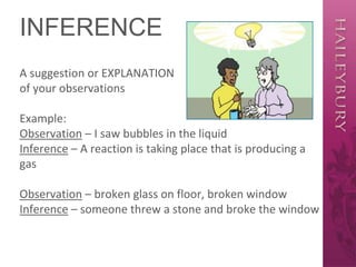 INFERENCE
A suggestion or EXPLANATION
of your observations
Example:
Observation – I saw bubbles in the liquid
Inference – A reaction is taking place that is producing a
gas
Observation – broken glass on floor, broken window
Inference – someone threw a stone and broke the window
 