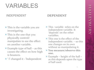 VARIABLES
INDEPENDENT
13
DEPENDENT
This is the variable you are
investigating.
This is the one that you
physically control/
manipulate to see the effect
on another variable.
Example type of ball – as this
causes the effect on how high
is bounces.
‘ I’ changed it –’Independent”
 This variable relies on the
independent variable. It
‘depends’ on the other
variables.
 This one is the effect of the
independent variable. – so this
one changes on its own
without us manipulating it.
 You measure/observe this
one.
 Example – height of the ball –
as this depends upon the type
of ball used.
 