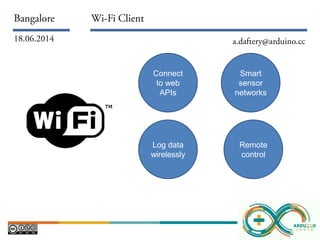 Connect
to web
APIs
Log data
wirelessly
Smart
sensor
networks
Remote
control
 