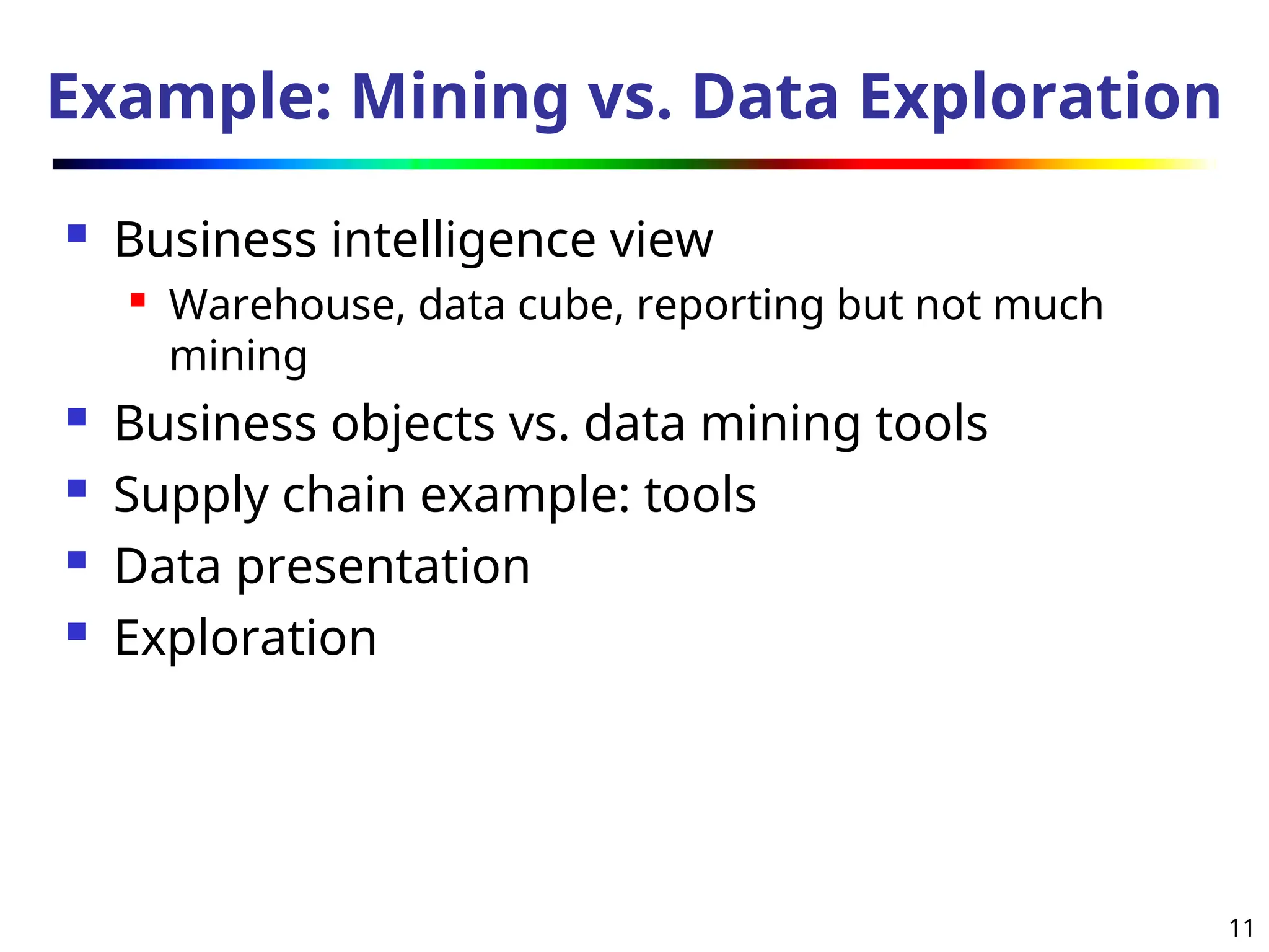 11
Example: Mining vs. Data Exploration
 Business intelligence view
 Warehouse, data cube, reporting but not much
mining
 Business objects vs. data mining tools
 Supply chain example: tools
 Data presentation
 Exploration
 
