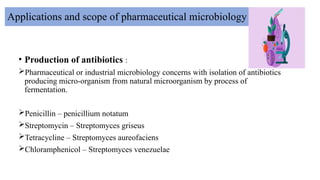 Applications and scope of pharmaceutical microbiology
• Production of antibiotics :
Pharmaceutical or industrial microbiology concerns with isolation of antibiotics
producing micro-organism from natural microorganism by process of
fermentation.
Penicillin – penicillium notatum
Streptomycin – Streptomyces griseus
Tetracycline – Streptomyces aureofaciens
Chloramphenicol – Streptomyces venezuelae
 