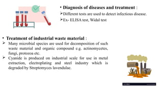 • Diagnosis of diseases and treatment :
Different tests are used to detect infectious disease.
Ex- ELISA test, Widal test
• Treatment of industrial waste material :
 Many microbial species are used for decomposition of such
waste material and organic compound e.g. actinomycetes,
fungi, protozoa etc.
 Cyanide is produced on industrial scale for use in metal
extraction, electroplating and steel industry which is
degraded by Streptomyces lavendulae.
 