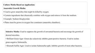 Culture Media Based on Application:
Anaerobic Growth Media:
• Used to grow anaerobes that might be killed by oxygen.
• Contain ingredients that chemically combine with oxygen and remove it from the medium.
• Example: Sodium thioglycolate
• Plates must be grown in oxygen free containers (anaerobic chambers).
Selective Media: Used to suppress the growth of unwanted bacteria and encourage the growth of
desired microbes.
• Brilliant Green Agar: Green dye selectively inhibits gram-positive bacteria. Used to isolate
gram-negative Salmonella.
• Bismuth Sulfite Agar: Used to isolate Salmonella typhi. Inhibits growth of most other bacteria.
 
