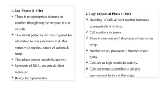 1. Lag Phase: (1-4Hr)
 There is no appropriate increase in
number, through may be increase in size
of cells.
 This initial period is the time required for
adaptation to new environment & this
varies with species, nature of culture &
temp.
 This phase intense metabolic activity.
 Synthesis of RNA, enzyme & other
molecule.
 Ready for reproduction.
2. Log/ Expontial Phase : (8hr)
 Doubling of cells & their number increases
exponentially with time.
 Cell numbers increases.
 Phase is continue until depletion of nutrient in
setup.
 Number of cell produced > Number of cell
dying.
 Cells are at high metabolic activity.
 Cells are more susceptible to adverse
environment factors at this stage.
 