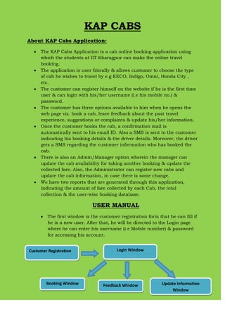 KAP CABS<br />About KAP Cabs Application:<br />The KAP Cabs Application is a cab online booking application using which the students at IIT Kharagpur can make the online travel booking.