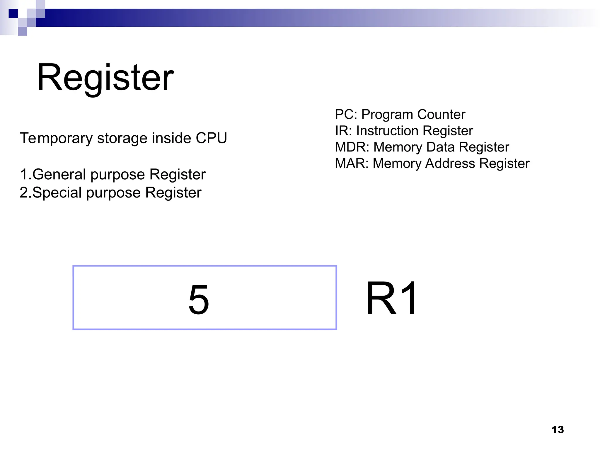 Register
13
Temporary storage inside CPU
1.General purpose Register
2.Special purpose Register
R1
5
PC: Program Counter
IR: Instruction Register
MDR: Memory Data Register
MAR: Memory Address Register
 