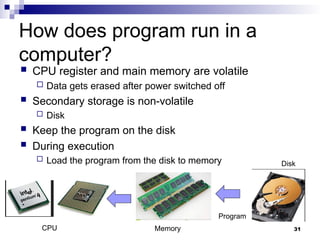31
 CPU register and main memory are volatile
 Data gets erased after power switched off
 Secondary storage is non-volatile
 Disk
 Keep the program on the disk
 During execution
 Load the program from the disk to memory Disk
Memory
CPU
Program
How does program run in a
computer?
 