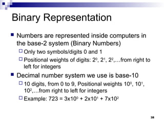 38
Binary Representation
 Numbers are represented inside computers in
the base-2 system (Binary Numbers)
 Only two symbols/digits 0 and 1
 Positional weights of digits: 20
, 21
, 22
,…from right to
left for integers
 Decimal number system we use is base-10
 10 digits, from 0 to 9, Positional weights 100
, 101
,
102
,…from right to left for integers
 Example: 723 = 3x100
+ 2x101
+ 7x102
 