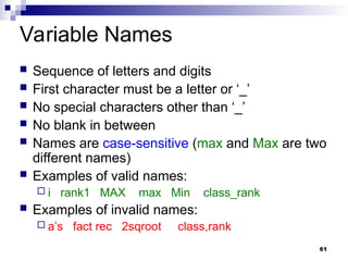 61
Variable Names
 Sequence of letters and digits
 First character must be a letter or ‘_’
 No special characters other than ‘_’
 No blank in between
 Names are case-sensitive (max and Max are two
different names)
 Examples of valid names:
 i rank1 MAX max Min class_rank
 Examples of invalid names:
 a’s fact rec 2sqroot class,rank
 