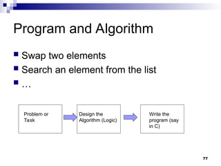 Program and Algorithm
 Swap two elements
 Search an element from the list
 …
77
Problem or
Task
Design the
Algorithm (Logic)
Write the
program (say
in C)
 