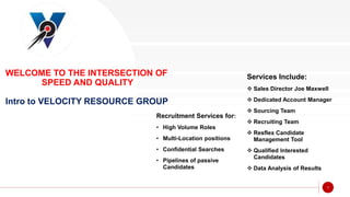 WELCOME TO THE INTERSECTION OF
SPEED AND QUALITY
Intro to VELOCITY RESOURCE GROUP
1
Recruitment Services for:
• High Volume Roles
• Multi-Location positions
• Confidential Searches
• Pipelines of passive
Candidates
Services Include:
 Sales Director Joe Maxwell
 Dedicated Account Manager
 Sourcing Team
 Recruiting Team
 Resflex Candidate
Management Tool
 Qualified Interested
Candidates
 Data Analysis of Results
 