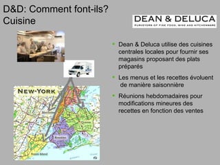 June 10, 2009 Dean & Deluca utilise des cuisines centrales locales pour fournir ses magasins proposant des plats préparés Les menus et les recettes évoluent  de manière saisonnière Réunions hebdomadaires pour modifications mineures des recettes en fonction des ventes D&D: Comment font-ils? Cuisine 
