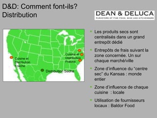 June 10, 2009 Distribution Seche Cuisine et  Distribution  Fraiche Cuisine et  Distribution  Fraiche Les produits secs sont centralisés dans un grand entrepôt dédié Entrepôts de frais suivant la zone concernée. Un sur chaque marché/ville Zone d’influence du “centre sec” du Kansas : monde entier Zone d’influence de chaque  cuisine  : locale Utilisation de fournisseurs locaux : Baldor Food D&D: Comment font-ils? Distribution 