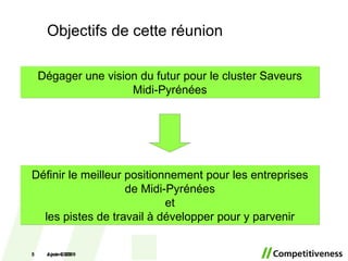 Objectifs de cette réunion June 10, 2009 10 juin 2009 Dégager une vision du futur pour le cluster Saveurs Midi-Pyrénées Définir le meilleur positionnement pour les entreprises de Midi-Pyrénées e t les pistes de travail à développer pour y parvenir 