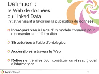 11
Définition :
le Web de données
ou Linked Data
Initiative visant à favoriser la publication de données :
Interopérables à l’aide d’un modèle commun pour
représenter une information
Structurées à l’aide d’ontologies
Accessibles à travers le Web
Reliées entre elles pour constituer un réseau global
d'informations
 