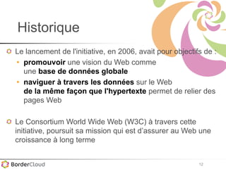 12
Historique
Le lancement de l'initiative, en 2006, avait pour objectifs de :
• promouvoir une vision du Web comme
une base de données globale
• naviguer à travers les données sur le Web
de la même façon que l'hypertexte permet de relier des
pages Web
Le Consortium World Wide Web (W3C) à travers cette
initiative, poursuit sa mission qui est d’assurer au Web une
croissance à long terme
 