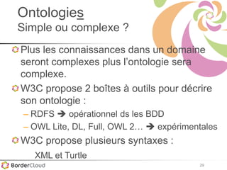 29
Ontologies
Simple ou complexe ?
Plus les connaissances dans un domaine
seront complexes plus l’ontologie sera
complexe.
W3C propose 2 boîtes à outils pour décrire
son ontologie :
– RDFS  opérationnel ds les BDD
– OWL Lite, DL, Full, OWL 2…  expérimentales
W3C propose plusieurs syntaxes :
XML et Turtle
 