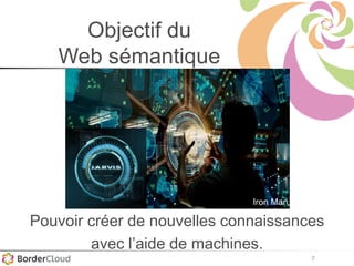 7
Objectif du
Web sémantique
Pouvoir créer de nouvelles connaissances
avec l’aide de machines.
Iron Man
 