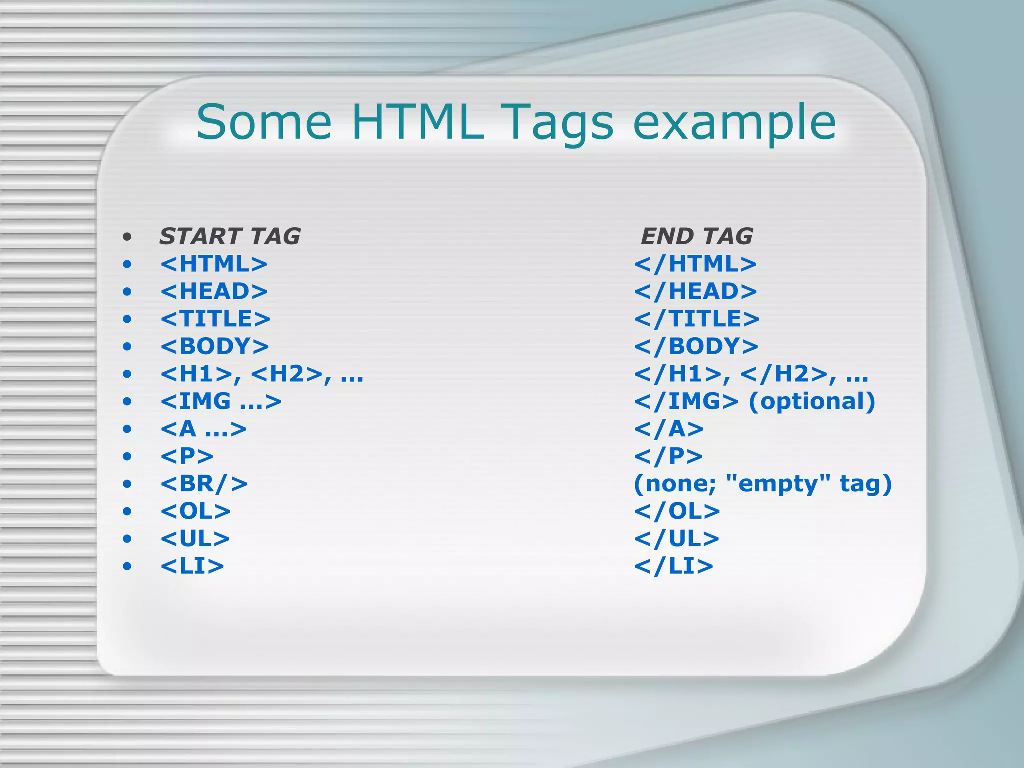 Some HTML Tags example START TAG  END TAG <HTML> </HTML> <HEAD> </HEAD> <TITLE> </TITLE> <BODY> </BODY> <H1>, <H2>, ... </H1>, </H2>, ... <IMG ...> </IMG> (optional) <A ...> </A> <P> </P>  <BR/> (none; &quot;empty&quot; tag) <OL> </OL> <UL> </UL> <LI> </LI> 