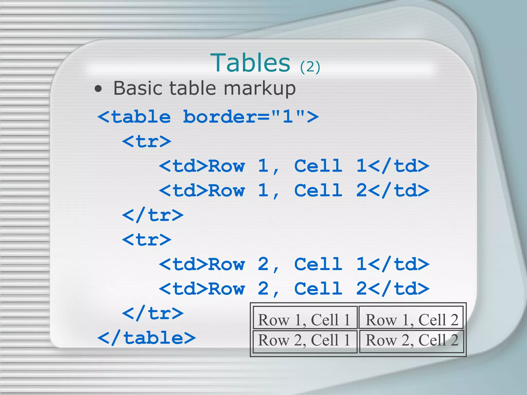 Tables  (2) Basic table markup <table border=&quot;1&quot;> <tr> <td>Row 1, Cell 1</td> <td>Row 1, Cell 2</td> </tr> <tr> <td>Row 2, Cell 1</td> <td>Row 2, Cell 2</td> </tr> </table> Row 1, Cell 1 Row 1, Cell 2 Row 2, Cell 1 Row 2, Cell 2 