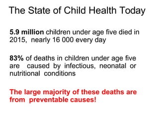 The State of Child Health Today
5.9 million children under age five died in
2015, nearly 16 000 every day
83% of deaths in children under age five
are caused by infectious, neonatal or
nutritional conditions
The large majority of these deaths are
from preventable causes!
 