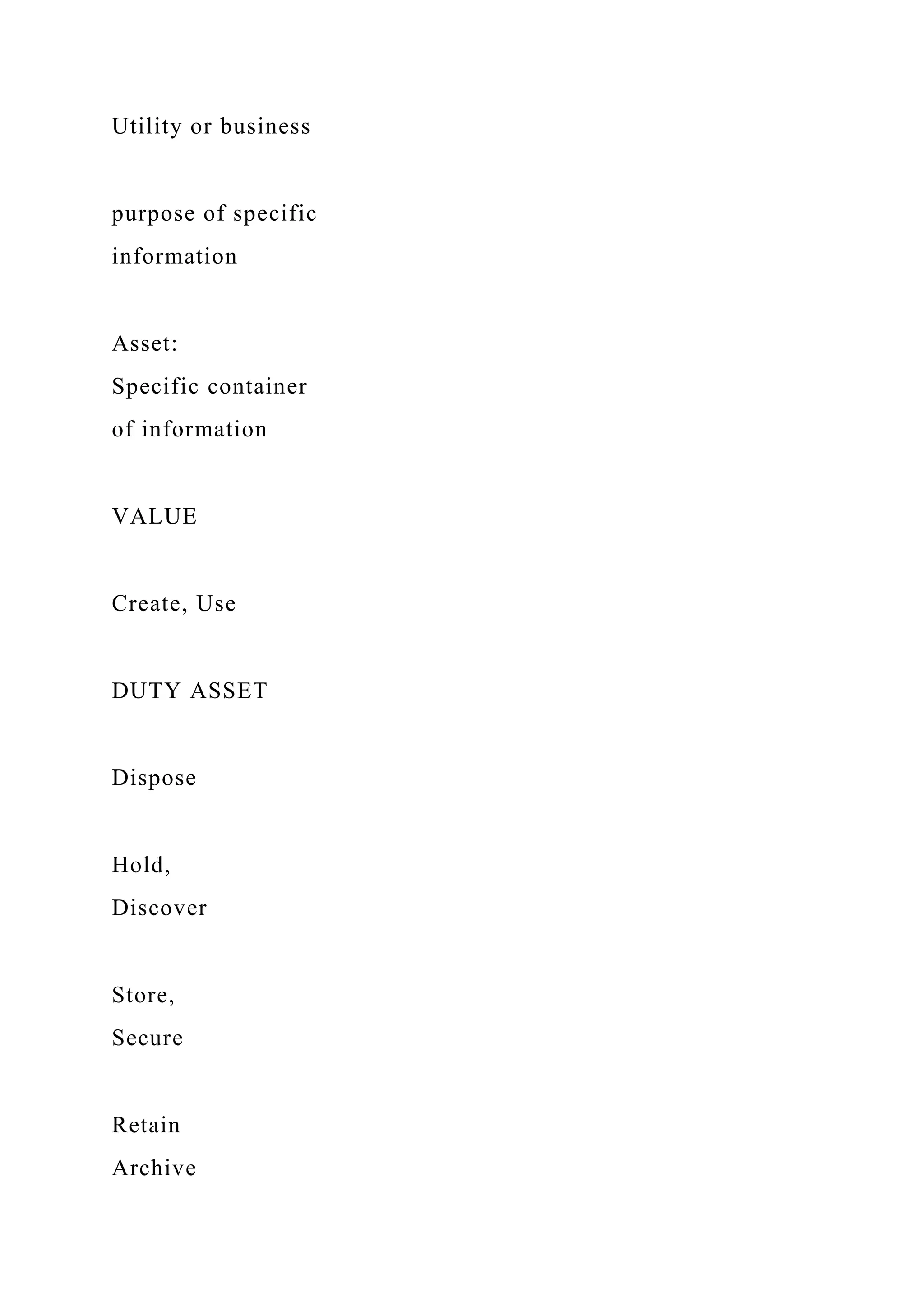 Utility or business
purpose of specific
information
Asset:
Specific container
of information
VALUE
Create, Use
DUTY ASSET
Dispose
Hold,
Discover
Store,
Secure
Retain
Archive
 