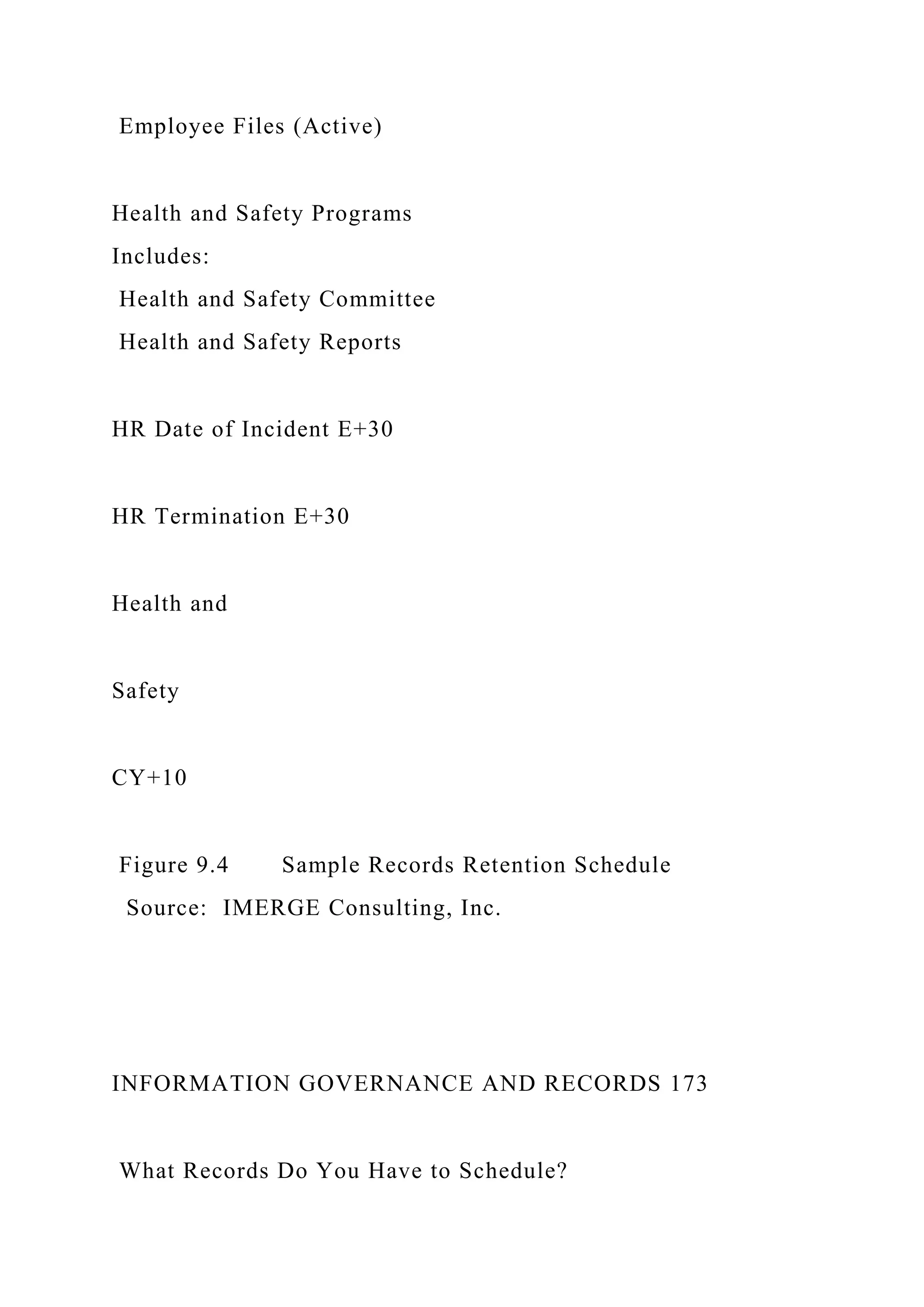 Employee Files (Active)
Health and Safety Programs
Includes:
Health and Safety Committee
Health and Safety Reports
HR Date of Incident E+30
HR Termination E+30
Health and
Safety
CY+10
Figure 9.4 Sample Records Retention Schedule
Source: IMERGE Consulting, Inc.
INFORMATION GOVERNANCE AND RECORDS 173
What Records Do You Have to Schedule?
 