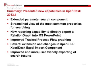 CONFIDENTIAL
Process Relations GmbH
Slide 23
Summary: Presented new capabilities in XperiDesk
2013.1
 Extended parameter search component
 Streamlined view of the most common properties
for searching
 New reporting capability to directly export a
RelationGraph into MS PowerPoint
 Improved Tracked Process Flow graphing
 Several extension and changes in XperiEIC /
XperiDesk Excel Import Component
 Improved and more user friendly exporting of
search results
 