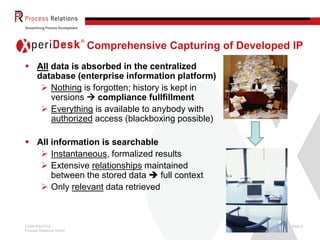 CONFIDENTIAL
Process Relations GmbH
Slide 8
Comprehensive Capturing of Developed IP
 All data is absorbed in the centralized
database (enterprise information platform)
 Nothing is forgotten; history is kept in
versions  compliance fullfillment
 Everything is available to anybody with
authorized access (blackboxing possible)
 All information is searchable
 Instantaneous, formalized results
 Extensive relationships maintained
between the stored data  full context
 Only relevant data retrieved
 